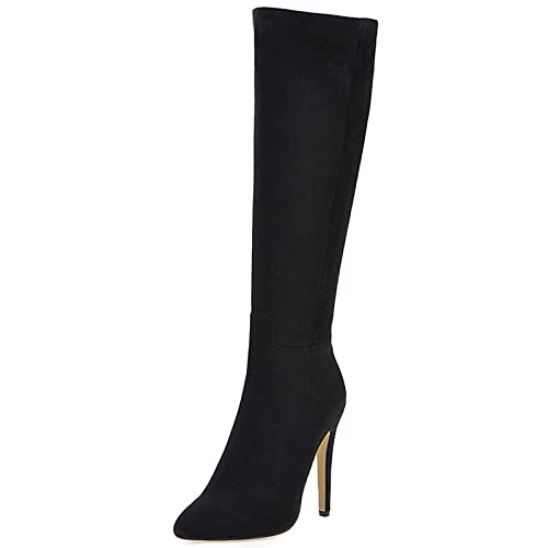 MJIASIAWA Damen Knee Kleid Party Pointed Toe Stiletto Stretch Stiefel Winter Abend Warm Höhe Ferse Elegant Reitstiefel Reißverschluss Schwarz Gr 37 EU/38 Asiatisch von MJIASIAWA