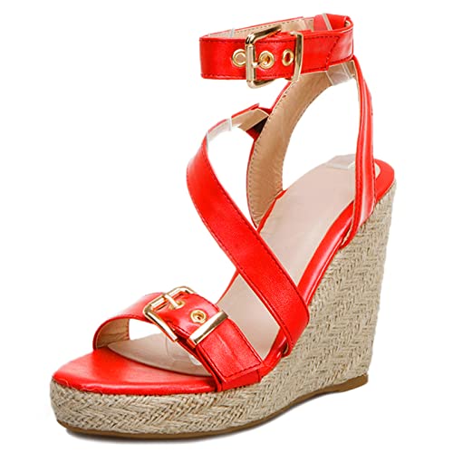 MJIASIAWA Damen Knöchelriemchen Leisure Espadrilles Offene Zeh Plateau Keilabsatz Sandalen Schnalle Mode Höhe Ferse Comfy Sommer Schuhe Rot Gr 46 EU/48 Asiatisch von MJIASIAWA