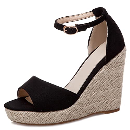 MJIASIAWA Damen Knöchelriemchen Leisure Espadrilles Offene Zeh Plateau Keilabsatz Sandalen Schnalle Mode Höhe Ferse Comfy Sommer Schuhe Schwarz Gr 34 EU von MJIASIAWA