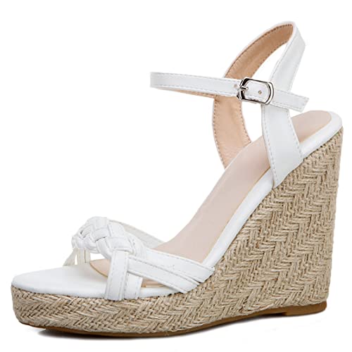MJIASIAWA Damen Knöchelriemchen Leisure Espadrilles Offene Zeh Plateau Keilabsatz Sandalen Schnalle Mode Höhe Ferse Comfy Sommer Schuhe Weiß Gr 38 EU/39 Asiatisch von MJIASIAWA