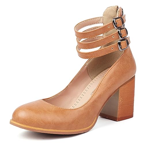 MJIASIAWA Damen Knöchelriemchen Mary Jane Closed Toe Blockabsatz Pumps Klassischer Runde Zehen Leisure Chunky Höhe Ferse Schuhe Reißverschluss Braun Gr 46 EU/48 Asiatisch von MJIASIAWA