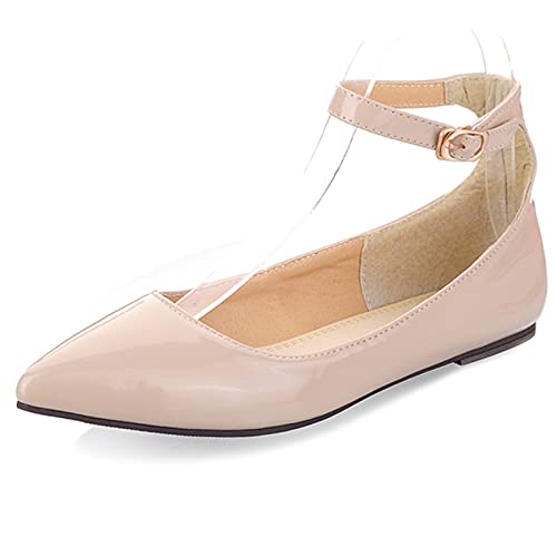 MJIASIAWA Damen Knöchelriemchen Mary Jane Dolly Schuhe Pointed Toe Walking Flats Ballerina Komfort Ballet Prom Buro Arbeit Flach Aprikose Gr 45 EU/47 Asiatisch von MJIASIAWA