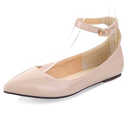 MJIASIAWA Damen Knöchelriemchen Mary Jane Dolly Schuhe Pointed Toe Walking Flats Ballerina Komfort Ballet Prom Buro Arbeit Flach Aprikose Gr 47 EU/49 Asiatisch von MJIASIAWA
