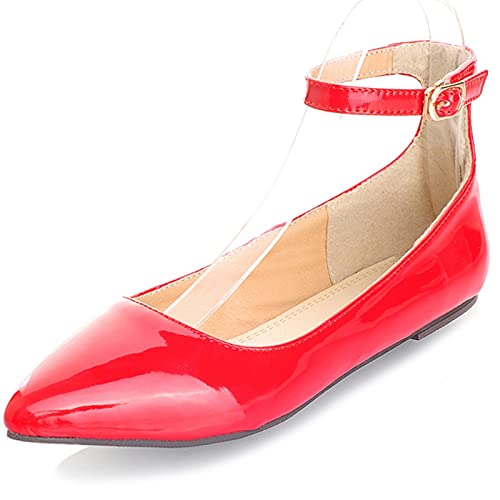 MJIASIAWA Damen Knöchelriemchen Mary Jane Dolly Schuhe Pointed Toe Walking Flats Ballerina Komfort Ballet Prom Buro Arbeit Flach Rot Gr 38 EU/39 Asiatisch von MJIASIAWA