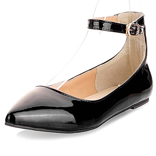 MJIASIAWA Damen Knöchelriemchen Mary Jane Dolly Schuhe Pointed Toe Walking Flats Ballerina Komfort Ballet Prom Buro Arbeit Flach Schwarz Gr 45 EU/47 Asiatisch von MJIASIAWA