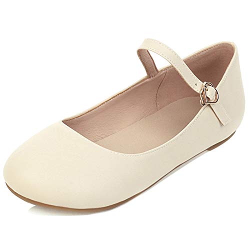 MJIASIAWA Damen Knöchelriemchen Mary Jane Flats Ballerinas Dolly Schuhe Schnalle Leisure Walking Comfy Runde Zehen Damen Ballet Flach Beige Gr 42 EU/44 Asiatisch von MJIASIAWA