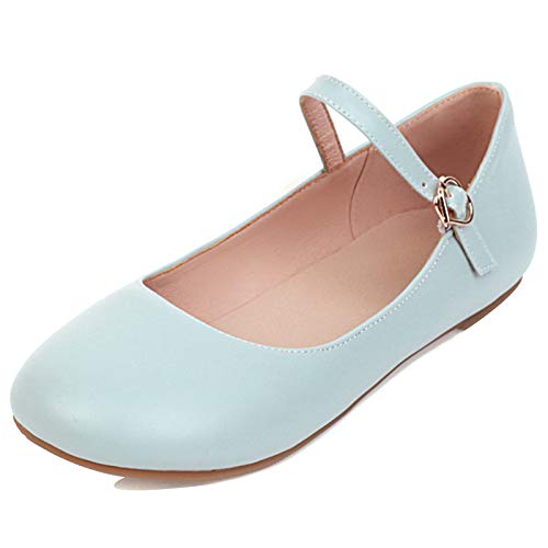 MJIASIAWA Damen Knöchelriemchen Mary Jane Flats Ballerinas Dolly Schuhe Schnalle Leisure Walking Comfy Runde Zehen Damen Ballet Flach Blau Gr 39 EU/40 Asiatisch von MJIASIAWA