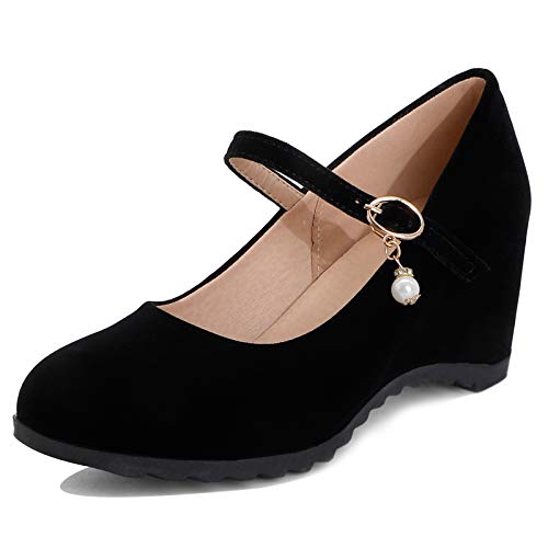 MJIASIAWA Damen Knöchelriemchen Mary Jane Klassischer Hohen Keilabsatz Pumps Schnalle Elegant Party Closed Toe Pumps Schwarz Gr 40 EU/41 Asiatisch von MJIASIAWA