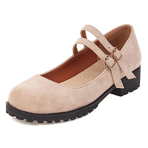 MJIASIAWA Damen Knöchelriemchen Mary Jane Leisure Mitte Absatz Pumps Komfort Draußen T Bar Retro Blockabsatz Schuhe Beige Gr 36 EU von MJIASIAWA