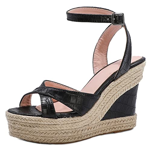 MJIASIAWA Damen Knöchelriemchen Mode Espadrilles Keilabsatz Sandalen Leisure Komfort Höhe Ferse Peep Toe Romisch Sandalen Schwarz Gr 33 EU von MJIASIAWA