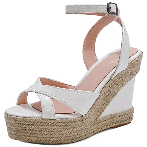 MJIASIAWA Damen Knöchelriemchen Mode Espadrilles Keilabsatz Sandalen Leisure Komfort Höhe Ferse Peep Toe Romisch Sandalen Weiß Gr 33 EU von MJIASIAWA
