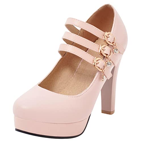 MJIASIAWA Damen Knöchelriemchen Mode Höhe Ferse Pumps Schnalle Closed Toe Party Kleid Blockabsatz Pumps Pink Gr 43 EU/45 Asiatisch von MJIASIAWA