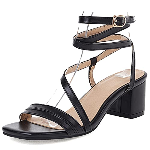 MJIASIAWA Damen Knöchelriemchen Mode Offene Zeh Blockabsatz Sandalen Strappy Gladiator Mitte Absatz Party Bridal Sommer Schuhe Schwarz Gr 44 EU/46 Asiatisch von MJIASIAWA