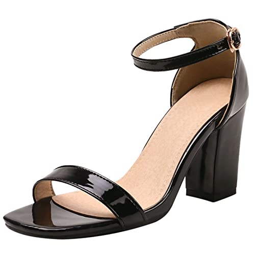 MJIASIAWA Damen Knöchelriemchen Mode Offene Zeh Sommer Blockabsatz Sandalen Prom Komfort Lack Kleid Höhe Ferse Schuhe Schwarz/8.5Cm Gr 48 EU/50 Asiatisch von MJIASIAWA