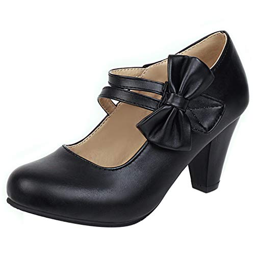 MJIASIAWA Damen Knöchelriemchen Party Bogen Höhe Ferse Mary Jane Pumps Klassischer Blockabsatz Party Bridal Closed Toe Schuhe Schwarz Gr 38 EU/39 Asiatisch von MJIASIAWA