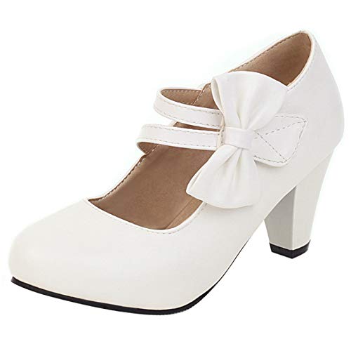 MJIASIAWA Damen Knöchelriemchen Party Bogen Höhe Ferse Mary Jane Pumps Klassischer Blockabsatz Party Bridal Closed Toe Schuhe Weiß Gr 39 EU/40 Asiatisch von MJIASIAWA