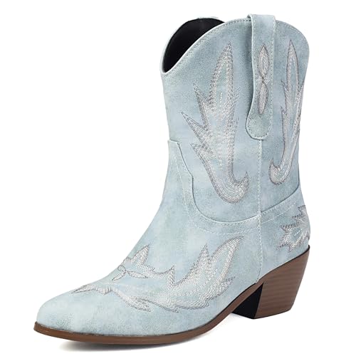 MJIASIAWA Damen Komfort Bestickt Cowboystiefel Blockabsatz Mode Ohne Verschluss Winter Pointed Toe Western Stiefeletten Schnalle Blau Gr 40.5 EU/42 Asiatisch von MJIASIAWA