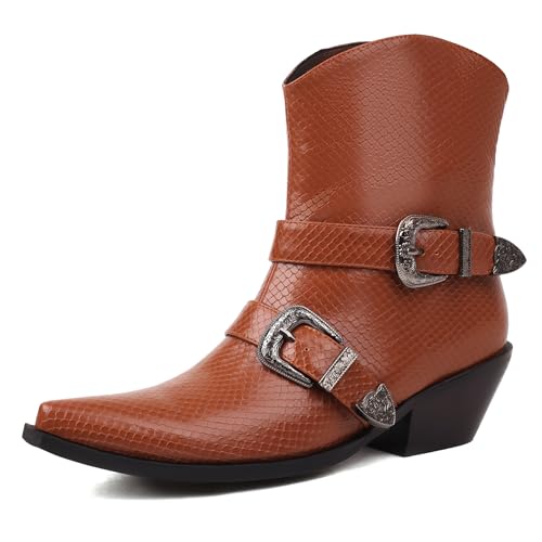 MJIASIAWA Damen Komfort Bestickt Cowboystiefel Blockabsatz Mode Ohne Verschluss Winter Pointed Toe Western Stiefeletten Schnalle Braun Gr 36.5 EU/37 Asiatisch von MJIASIAWA