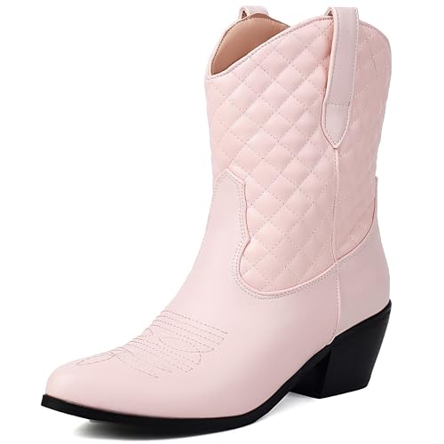MJIASIAWA Damen Komfort Bestickt Cowboystiefel Blockabsatz Mode Ohne Verschluss Winter Pointed Toe Western Stiefeletten Schnalle Pink Gr 42 EU/44 Asiatisch von MJIASIAWA