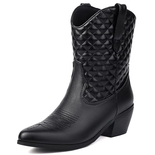 MJIASIAWA Damen Komfort Bestickt Cowboystiefel Blockabsatz Mode Ohne Verschluss Winter Pointed Toe Western Stiefeletten Schnalle Schwarz Gr 44 EU/46 Asiatisch von MJIASIAWA