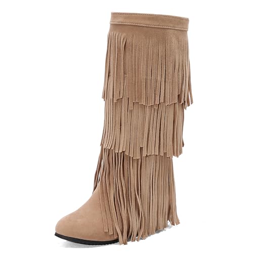 MJIASIAWA Damen Komfort Franse Mokassin Stiefel Runde Zehen Keilabsatz Winter Pointed Toe Draußen Blockabsatz Knee High Booty Beige Gr 40.5 EU/42 Asiatisch von MJIASIAWA