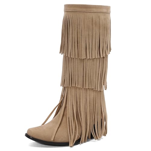 MJIASIAWA Damen Komfort Franse Mokassin Stiefel Runde Zehen Keilabsatz Winter Pointed Toe Draußen Blockabsatz Knee High Booty Beige Gr 42 EU/44 Asiatisch von MJIASIAWA