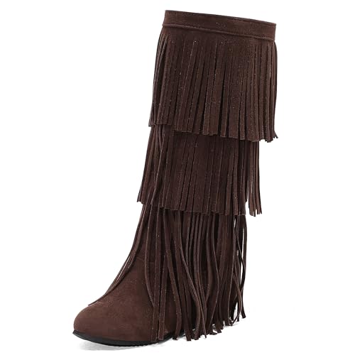 MJIASIAWA Damen Komfort Franse Mokassin Stiefel Runde Zehen Keilabsatz Winter Pointed Toe Draußen Blockabsatz Knee High Booty Braun Gr 34 EU von MJIASIAWA
