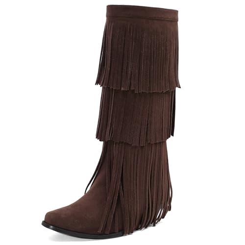MJIASIAWA Damen Komfort Franse Mokassin Stiefel Runde Zehen Keilabsatz Winter Pointed Toe Draußen Blockabsatz Knee High Booty Braun Gr 42 EU/44 Asiatisch von MJIASIAWA
