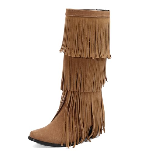 MJIASIAWA Damen Komfort Franse Mokassin Stiefel Runde Zehen Keilabsatz Winter Pointed Toe Draußen Blockabsatz Knee High Booty Gelb Gr 35 EU von MJIASIAWA
