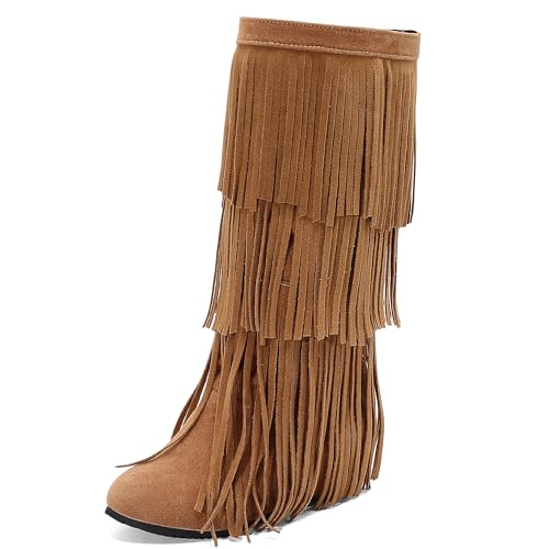 MJIASIAWA Damen Komfort Franse Mokassin Stiefel Runde Zehen Keilabsatz Winter Pointed Toe Draußen Blockabsatz Knee High Booty Gelb Gr 40.5 EU/42 Asiatisch von MJIASIAWA