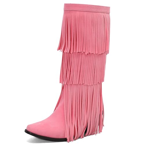 MJIASIAWA Damen Komfort Franse Mokassin Stiefel Runde Zehen Keilabsatz Winter Pointed Toe Draußen Blockabsatz Knee High Booty Pink Gr 39 EU/40 Asiatisch von MJIASIAWA