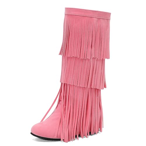 MJIASIAWA Damen Komfort Franse Mokassin Stiefel Runde Zehen Keilabsatz Winter Pointed Toe Draußen Blockabsatz Knee High Booty Pink Gr 45 EU/47 Asiatisch von MJIASIAWA
