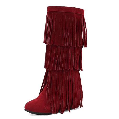 MJIASIAWA Damen Komfort Franse Mokassin Stiefel Runde Zehen Keilabsatz Winter Pointed Toe Draußen Blockabsatz Knee High Booty Rot Gr 38 EU/39 Asiatisch von MJIASIAWA