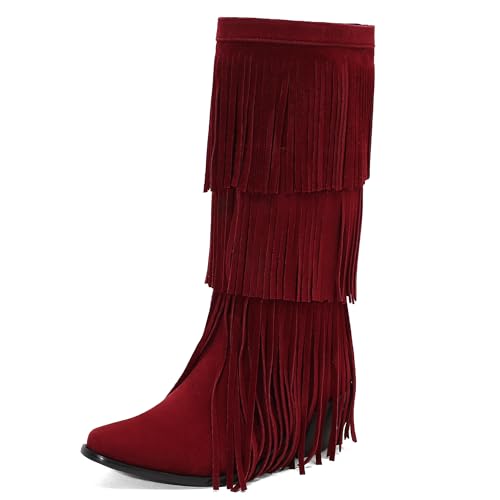 MJIASIAWA Damen Komfort Franse Mokassin Stiefel Runde Zehen Keilabsatz Winter Pointed Toe Draußen Blockabsatz Knee High Booty Rot Gr 44 EU/46 Asiatisch von MJIASIAWA