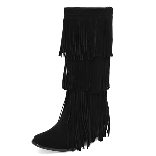 MJIASIAWA Damen Komfort Franse Mokassin Stiefel Runde Zehen Keilabsatz Winter Pointed Toe Draußen Blockabsatz Knee High Booty Schwarz Gr 40 EU/41 Asiatisch von MJIASIAWA