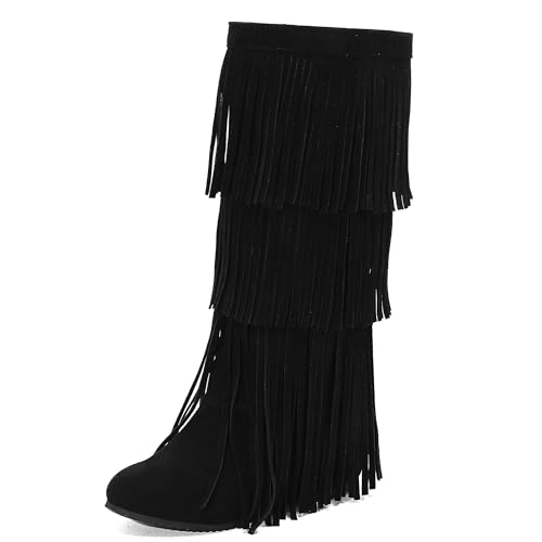MJIASIAWA Damen Komfort Franse Mokassin Stiefel Runde Zehen Keilabsatz Winter Pointed Toe Draußen Blockabsatz Knee High Booty Schwarz Gr 43 EU/45 Asiatisch von MJIASIAWA