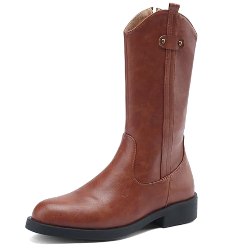 MJIASIAWA Damen Komfort Halbschaft Runde Zehen Reitstiefel Mädchen Schuluniform Mode Niedrige Absatz Winter Stiefeletten Schnalle Braun Gr 45 EU/47 Asiatisch von MJIASIAWA