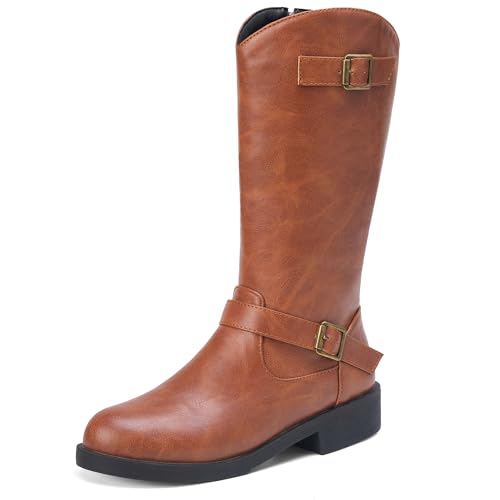 MJIASIAWA Damen Komfort Halbschaft Runde Zehen Reitstiefel Mädchen Schuluniform Mode Niedrige Absatz Winter Stiefeletten Schnalle Braun Gr 46 EU/48 Asiatisch von MJIASIAWA