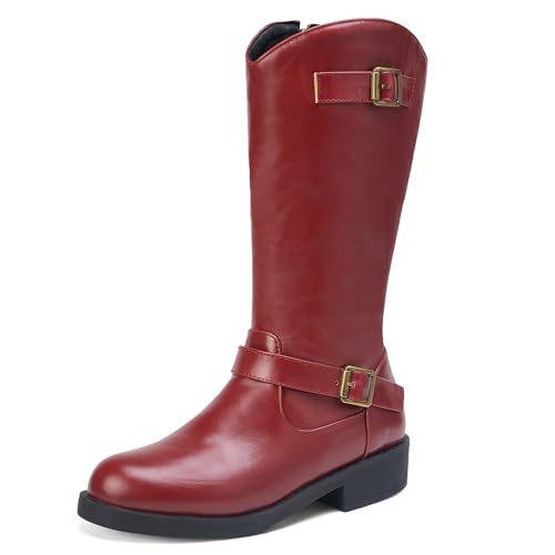 MJIASIAWA Damen Komfort Halbschaft Runde Zehen Reitstiefel Mädchen Schuluniform Mode Niedrige Absatz Winter Stiefeletten Schnalle Rotwein Gr 42 EU/44 Asiatisch von MJIASIAWA