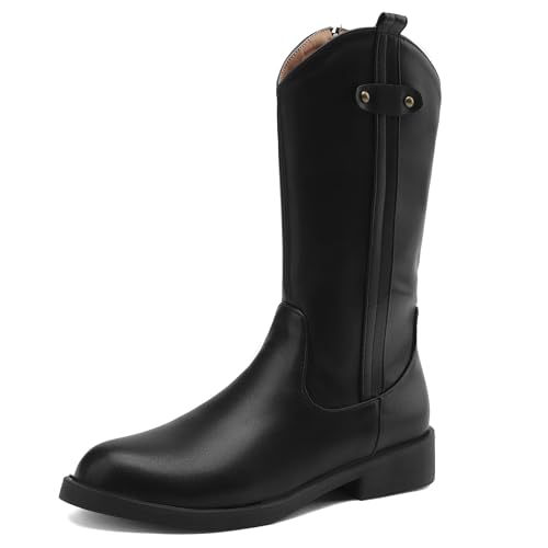 MJIASIAWA Damen Komfort Halbschaft Runde Zehen Reitstiefel Mädchen Schuluniform Mode Niedrige Absatz Winter Stiefeletten Schnalle Schwarz Gr 38 EU/39 Asiatisch von MJIASIAWA