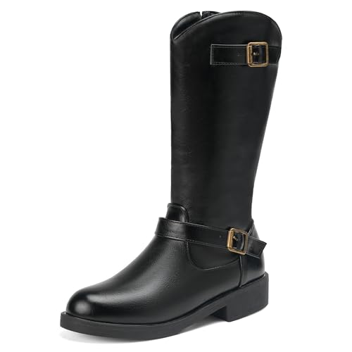 MJIASIAWA Damen Komfort Halbschaft Runde Zehen Reitstiefel Mädchen Schuluniform Mode Niedrige Absatz Winter Stiefeletten Schnalle Schwarz Gr 40.5 EU/42 Asiatisch von MJIASIAWA