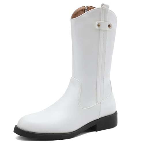 MJIASIAWA Damen Komfort Halbschaft Runde Zehen Reitstiefel Mädchen Schuluniform Mode Niedrige Absatz Winter Stiefeletten Schnalle Weiß Gr 43 EU/45 Asiatisch von MJIASIAWA