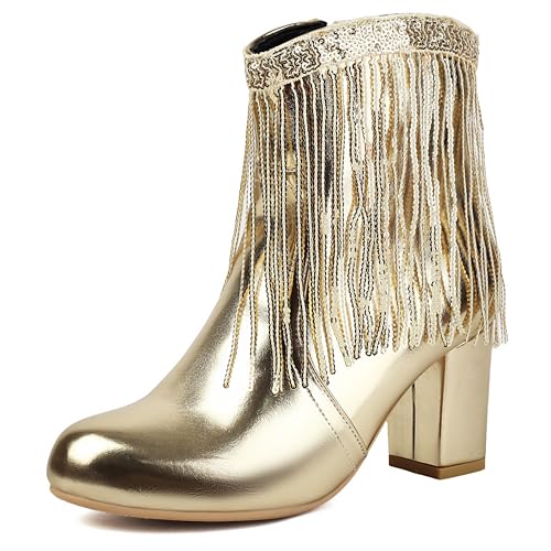 MJIASIAWA Damen Komfort Runde Zehen Chelsea Stiefel Blockabsatz Winter Mode Höhe Ferse Schnalle Ankle Stiefeletten Franse Hochzeit Gold Gr 40.5 EU/42 Asiatisch von MJIASIAWA