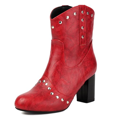 MJIASIAWA Damen Komfort Runde Zehen Chelsea Stiefel Blockabsatz Winter Mode Höhe Ferse Schnalle Ankle Stiefeletten Franse Hochzeit Rotwein Gr 34 EU von MJIASIAWA