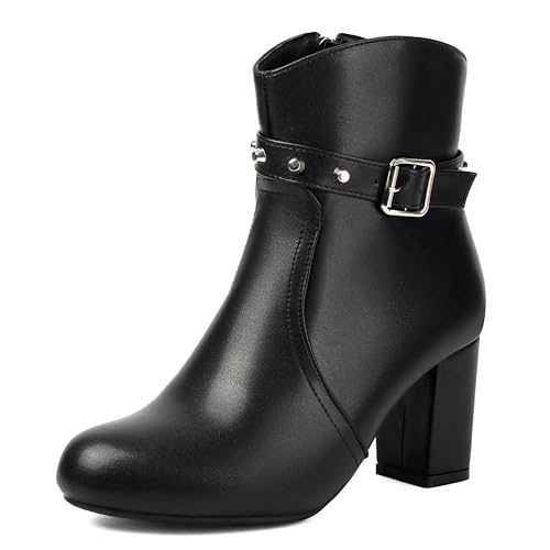 MJIASIAWA Damen Komfort Runde Zehen Chelsea Stiefel Blockabsatz Winter Mode Höhe Ferse Schnalle Ankle Stiefeletten Franse Hochzeit Schwarz Gr 44 EU/46 Asiatisch von MJIASIAWA