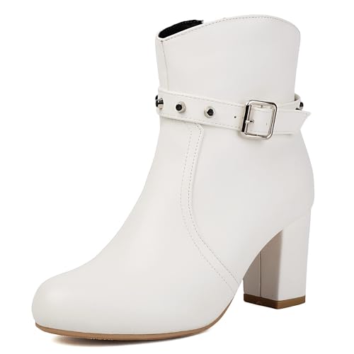 MJIASIAWA Damen Komfort Runde Zehen Chelsea Stiefel Blockabsatz Winter Mode Höhe Ferse Schnalle Ankle Stiefeletten Franse Hochzeit Weiß Gr 40.5 EU/42 Asiatisch von MJIASIAWA