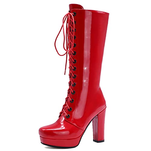 MJIASIAWA Damen Lack Blockabsatz Plateau Mode Party Motorradstiefel Abend Warm Chunky Schnüren Winter Reißverschluss Hohe Stiefel Rot Gr 42 EU/44 Asiatisch von MJIASIAWA