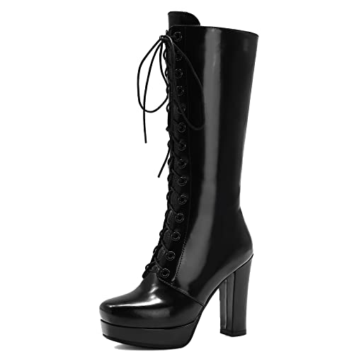 MJIASIAWA Damen Lack Blockabsatz Plateau Mode Party Motorradstiefel Abend Warm Chunky Schnüren Winter Reißverschluss Hohe Stiefel Schwarz Gr 42 EU/44 Asiatisch von MJIASIAWA