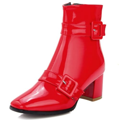 MJIASIAWA Damen Lack Chelsea Stiefeletten Square Toe Winter Mode Hohen Blockabsatz Elegant Hochzeit Party Reißverschluss Stiefeletten Schnalle Rot Gr 36.5 EU/37 Asiatisch von MJIASIAWA