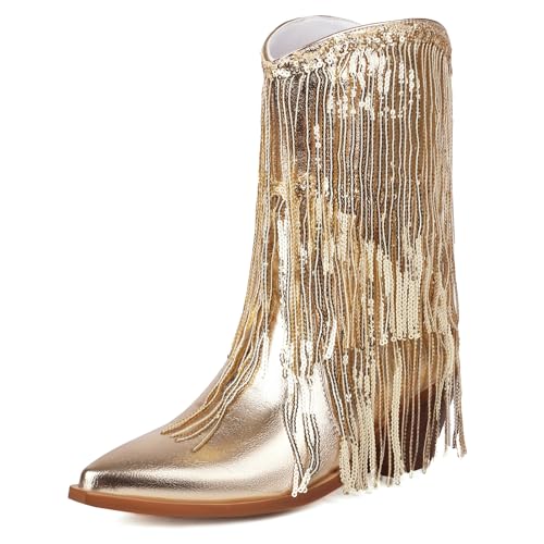 MJIASIAWA Damen Lack Halbschaft Cowboy Fransen Stiefel Ohne Verschluss Pointed Toe Party Warm Blockabsatz Mode Western Stiefeletten Abend Schuhe Gold Gr 40 EU/41 Asiatisch von MJIASIAWA